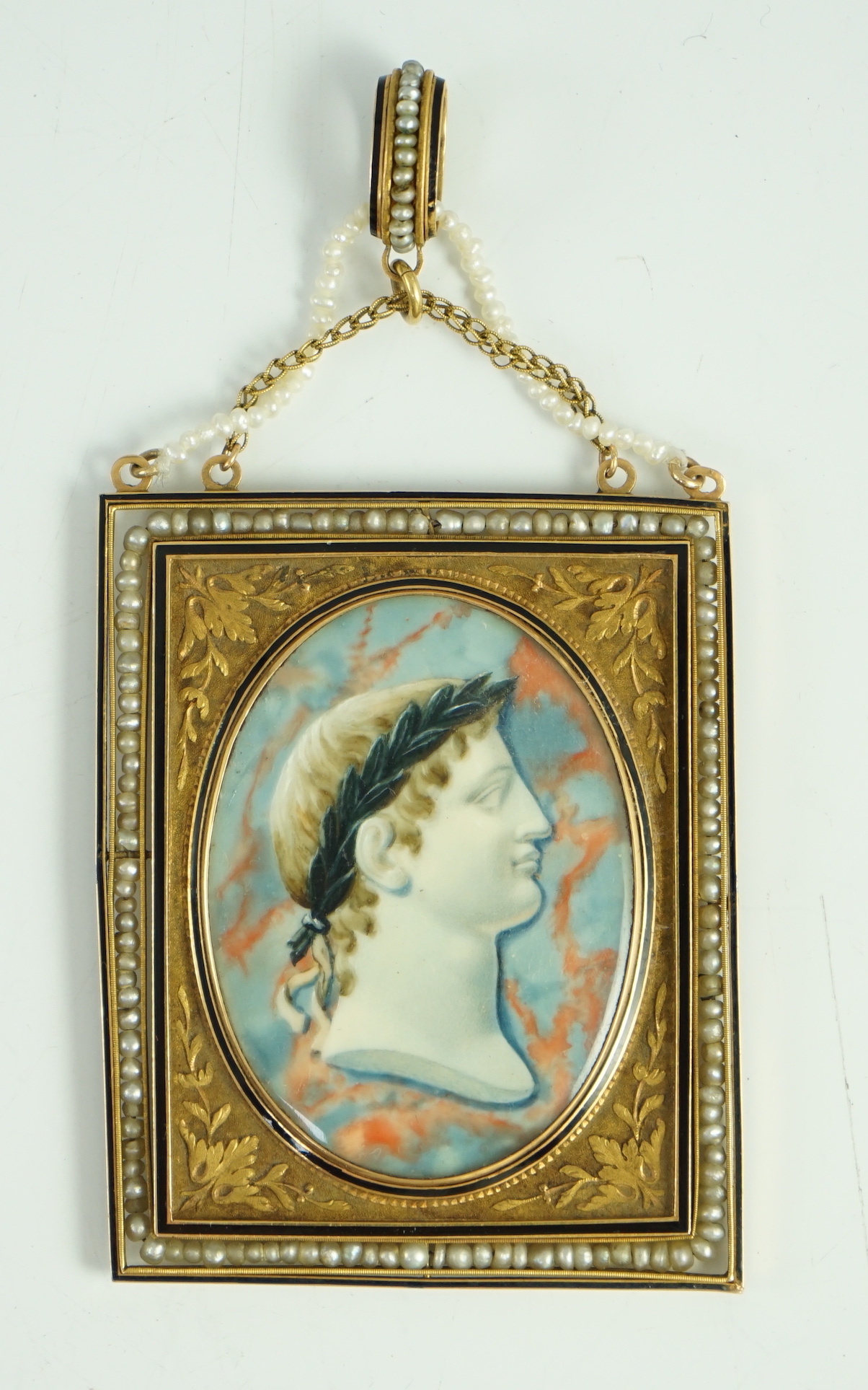 French School circa 1810, Portrait miniature of a gentleman wearing a mauve coat and striped shirt/ Napoleon wearing a laurel wreath verso, watercolour on ivory, 4.5 x 3.3cm. CITES Submission reference 1C81QFU1